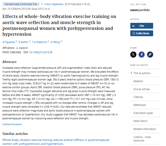 Effects of whole-body vibration exercise training on aortic wave reflection and muscle strength in postmenopausal women with prehypertension and hypertension