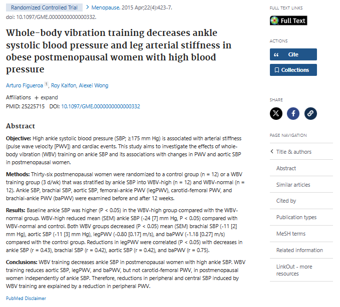 Whole-body vibration training decreases ankle systolic blood pressure and leg arterial stiffness in obese postmenopausal women with high blood pressure