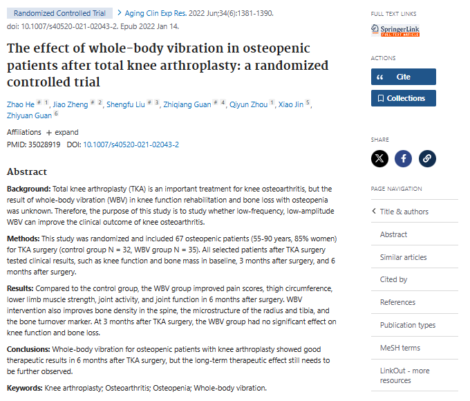 The effect of whole-body vibration in osteopenic patients after total knee arthroplasty: a randomized controlled trial