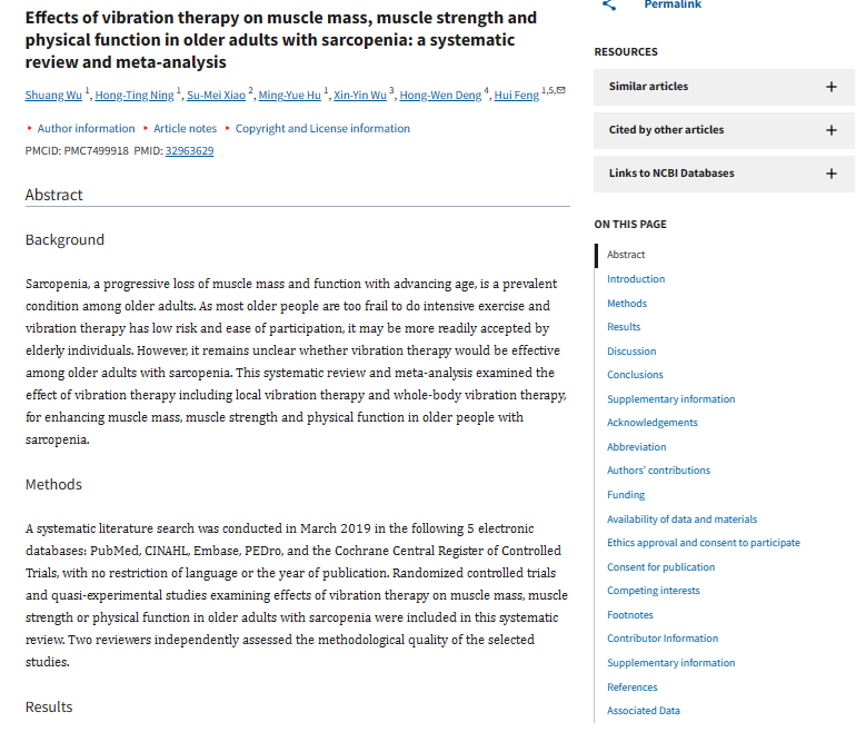 Effects of vibration therapy on muscle mass, muscle strength and physical function in older adults with sarcopenia: a systematic review and meta-analysis